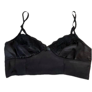 Black Satin And Lace Bralette Elasticised Smocked Back Adjustable Straps Medium